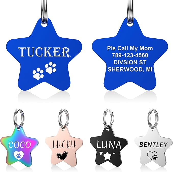 Dog Tags Engraved for Pets - YEHANTI Personalized Dog Tags with Lovely Icons, Durable Stainless Steel Pet ID Tags for Small Large Dogs Cats, Custom Dog Name Tags Engraved on Both Sides (Star)