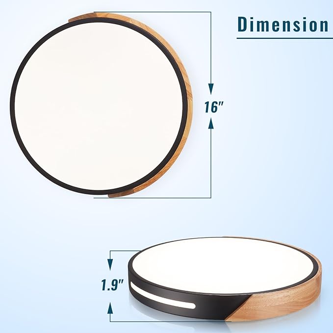 Wood Ceiling Light Flush Mount LED 36W, 16 inch Flush Mount Black, Kitchen Light Fixtures Ceiling Mount, Dimmable Close to Ceiling Light for Bedroom, Living Room, Bathroom