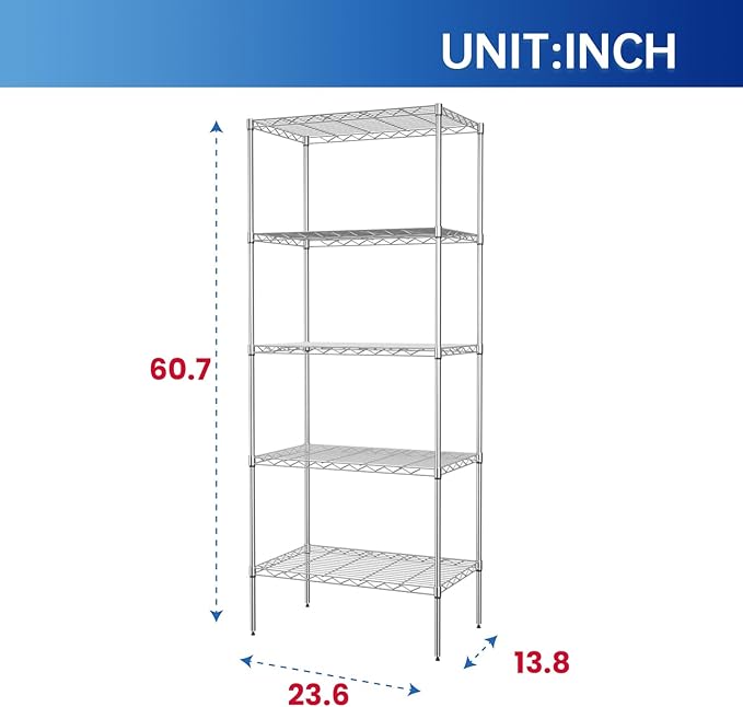 5 Tier Layer Rack Metal Shelf Commercial Storage Shelves for Storage Heavy Duty Metal Storage Shelves Durable and Versatile Storage Solution for Restaurant Garage Pantry Bathroom Office Kitchen