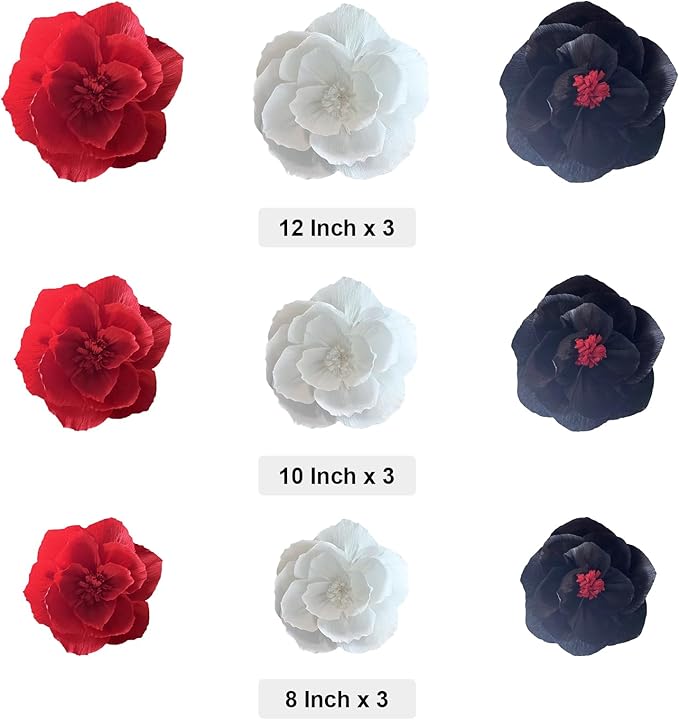 BRT Bearingshui Crepe Paper Flowers Decoration for Wall Total 9 Pcs, Artificial Flowers for Wedding Flower Backdrop Decor, Baby Bridal Shower Birthday Party, Red Black White 3D Wall Flowers Decor