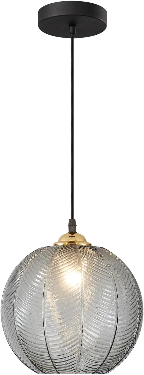 KCO Lighting Modern Smoke Gray Glass Pendant Light Kitchen Island Large Globe Farmhouse Pendant Lighting Adjustable Black Striped Glass Hanging Ceiling Lighting Fixtures Dining Room Lights