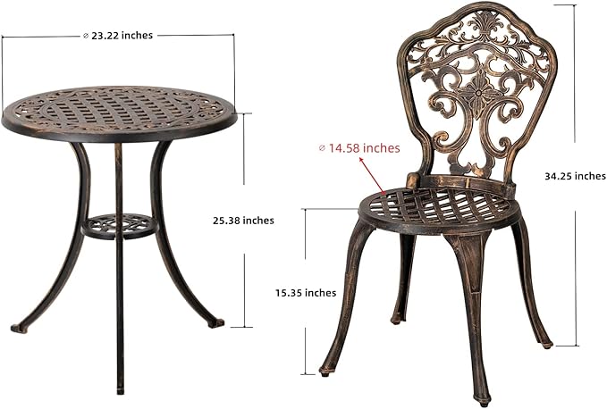 Bistro Set 3 Piece Rustproof Cast Aluminum Patio Furniture Sets 2 Chairs and 1 Round Table Outdoor, Garden, Patio, Balcony, Bronze