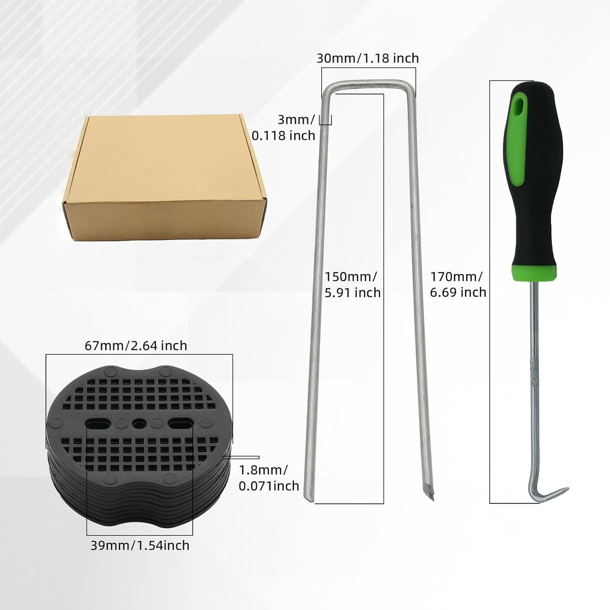 201Pcs 6 Inch 11 Gauge Garden Stakes Staples Kit, 100Pcs U-Shaped Landscape Staples and 100Pcs Fixing Gasket with 1Pc Pick Hook for Weed Barrier Fabric, Groud Cover, Holding Fence