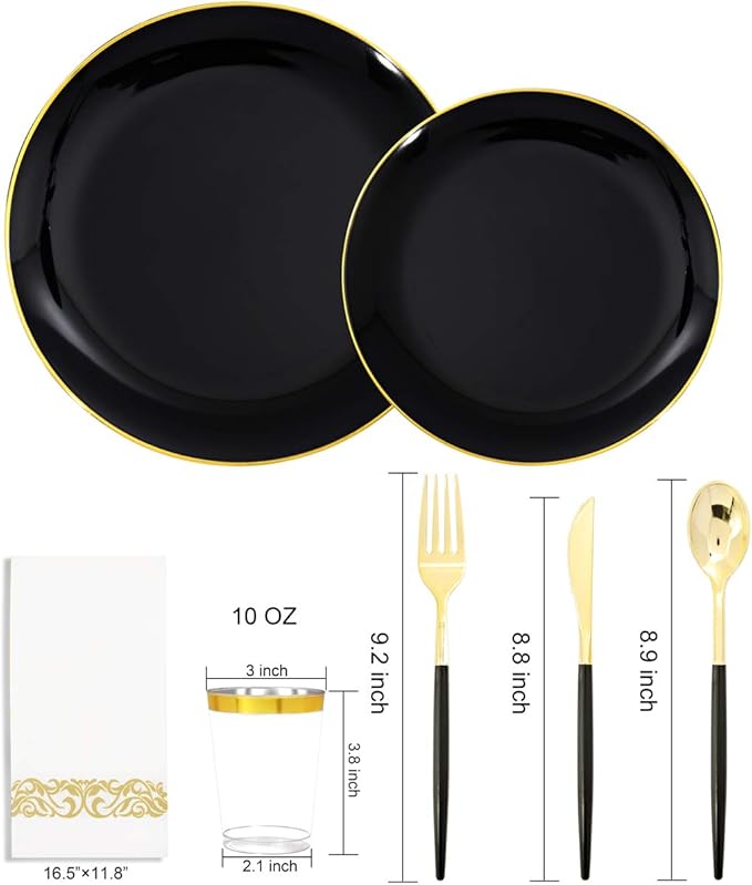 Supernal 350pcs Black Plastic Dinnerware Set - Black and Gold Plastic Plates, Gold Silverware Set, Wedding Party Plate, Cups Prefect for Halloween, Thanksgiving, Christmas Party and New Year