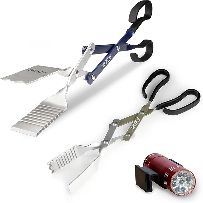 BBQ Croc 3-in-1 Barbecue Tool Pack - 15-inch & 18-inch with Light - Extra Light Tongs, Spatula and Grill Scraper (18 inch + 15 inch with Flashlight)