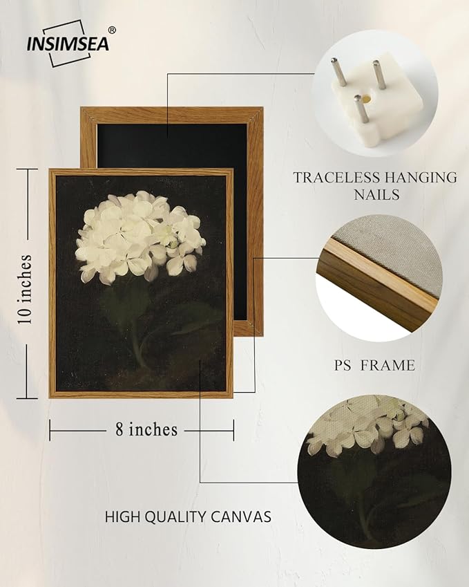 InSimSea Framed Wall Art for Living Room - White Hydrangea Oil Painting Canvas Prints for Bedroom, Bathroom, Kitchen, Office Decor - 8x10in