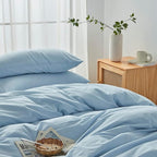 FACE TWO FACE Bedding Duvet Cover Set100% Washed Cotton Duvet Cover Linen Like Textured Breathable Durable Soft Comfy (Queen, Light Cyan)