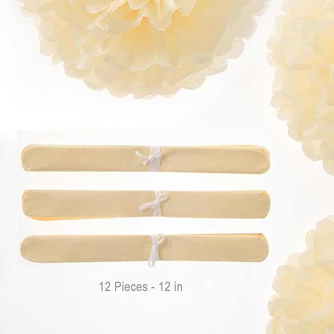 WEVEN Tissue Pom Poms Tissue Paper Flowers Tissue Fluff Balls Party Decorations 12-Inch Pack of 12 (Ivory)