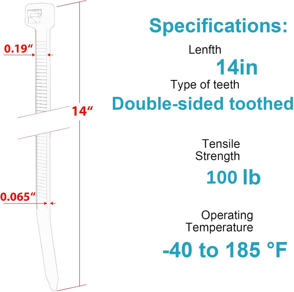 14 Inch Zip Ties Double Sided Toothed,100 LBS Tensile Strength Heavy Duty Cable Wire Ties With Self-Locking Adjustable More Durable Nylon Tie Wraps for Indoor Outdoor（200 Pack）