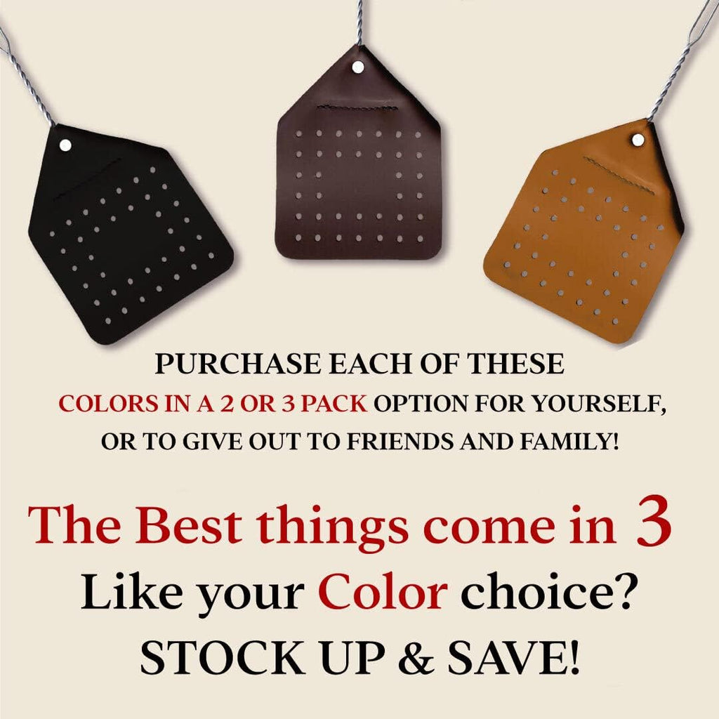 Leather Fly Swatter Set (3 Pack) – 17” Amish-Made Fly Swat w/Real Leather Paddle – Fly Swatters Multi Pack w/Metal Handle – Bug Swatter, Mosquito Swatter, Wasp Swatter (Brown)