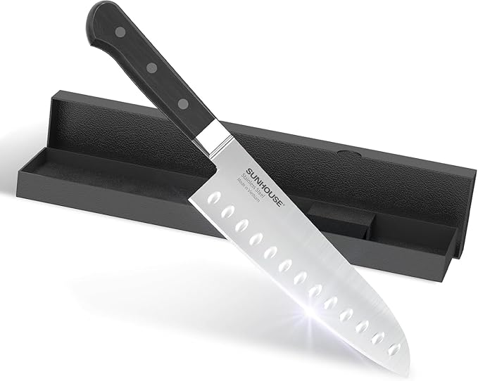 Sunhouse Santoku Knife 7 inch,AUS-8 Stainless Steel – Superior 59HRC Hardness, Full Tang, Ergonomic Handle, Perfect Gifts for Mom or Dad,Premium Gifts