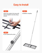 VEVOR Lawn Leveling Rake, Lawn Leveler with 83.9 in Handle, 30x10 in Ground Plate, Rust-Resistant Carbon Steel Soil Leveler, 3 Heights Adjustable, Effort Saving Lawn Leveling Tool for Yard Golf Court