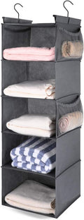 MAX Houser 5 Shelf Hanging Closet Organizer, Space Saver, Cloth Hanging Shelves with 4 Side Pockets, Foldable, Grey