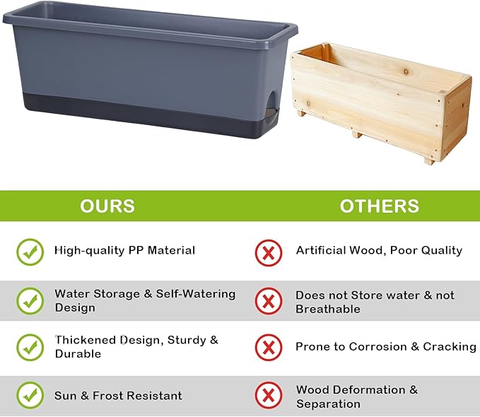 Window Box Planter 4 Packs, 17 Inches Rectangle Flower Pots with Drainage Holes & Trays, Pots for Vegetables, Herbs, Flowers, Garden Windowsill Balcony (Grey, 17 * 5.1 * 6 inch)