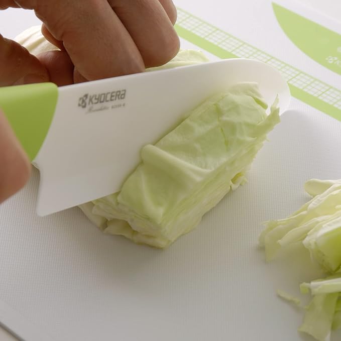 Kyocera’s Revolution Series 5.5” Ceramic Santoku Knife, Chef Knife For Your Cooking Needs, Green Handle, White Blade