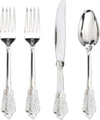 WDF 200 Pieces Silver Plastic Silverware Disposable - 50Guests Silverware Plastic Cutlery - Disposable Utensils Includes 100 Forks, 50 Spoons, 50 Knives Perfect for Christmas Wedding or Party