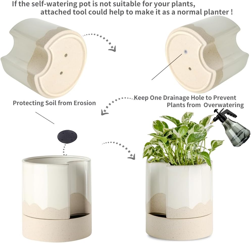 Nihow Self Watering Plant Pot: 8 Inch Ceramic Planter with Drainage Hole & Water Storage Plus for Indoor & Outdoor Plants - Cylinder Round Flower Pot for Succulent/Herbs/Violets - White & Wave Nature