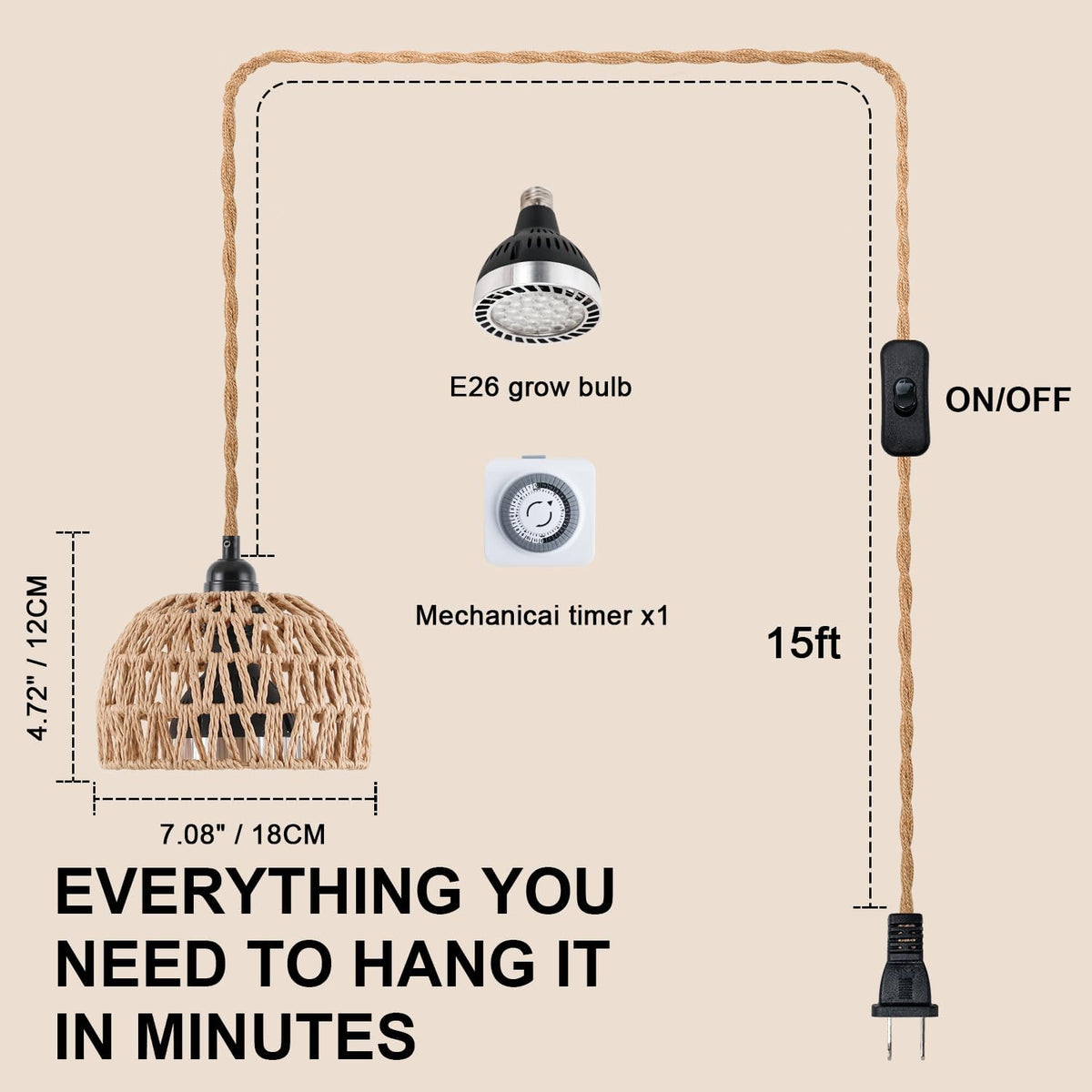 Hanging Grow Lights for Indoor Plants, Full Spectrum, with Timer and 15FT Power Cord, 30W Pendant Plant Lights for Indoor Growing, Garden, Flowers, Greenhouse (4000k, Weaving Style)