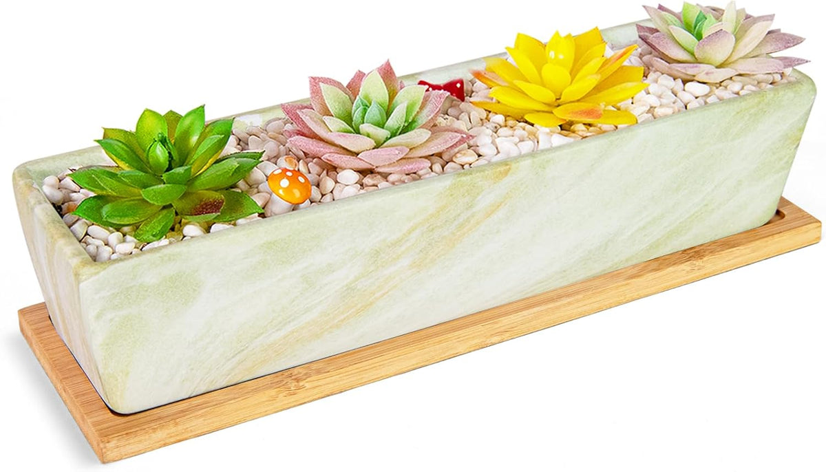 Succulent Pots - 12.1 Inch Large Succulent Pots with Drainage Tray, Window Sill Planter, Long Rectangle Ceramic Pots for Indoor Cactus/Succulent Plants Shallow Bonsai Window Box for Home Garden Decor