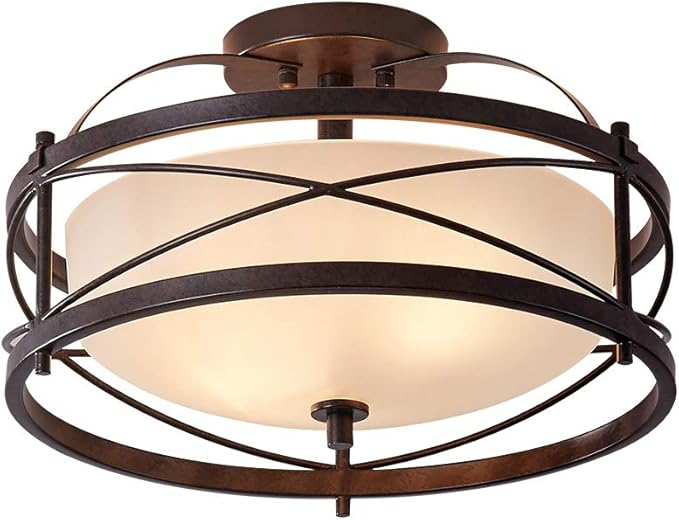 Entryway Drum Light Fixtures, Semi-Flush Mount Rustic Ceiling Light for Hallway Living Room Bedroom Kitchen, Old Bronze Finished (Brown)