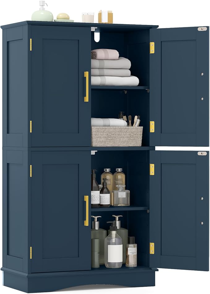 Tangkula Bathroom Floor Storage Cabinet, 43.5" H Freestanding Pantry Cabinet with 4 Doors and 2 Adjustable Shelves, Kitchen Cupboard for Living Room, Dining Room, Bathroom (Navy Blue, 43.5" H)