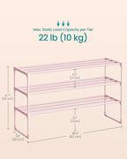 SONGMICS Shoe Rack, 3-Tier Shoe Organizer, Metal Storage Shelf, Upright or Upside Down, for 16-20 Pairs, Stackable, for Entryway, 11.8 x 36.2 x 21.7 Inches, Jelly Pink ULSA303S01