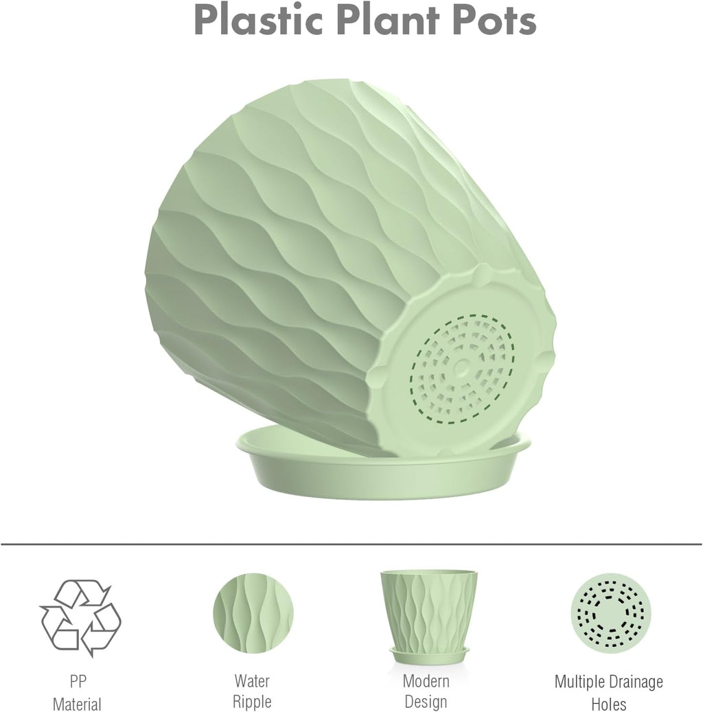 4 inch Small Plastic Nursery Pots, 5 Pack Water Ripples Plant Pots for Indoor Plants, Flower Pots with Drainage Holes and Saucers, Seeding Starter Planters for Decorative, Green