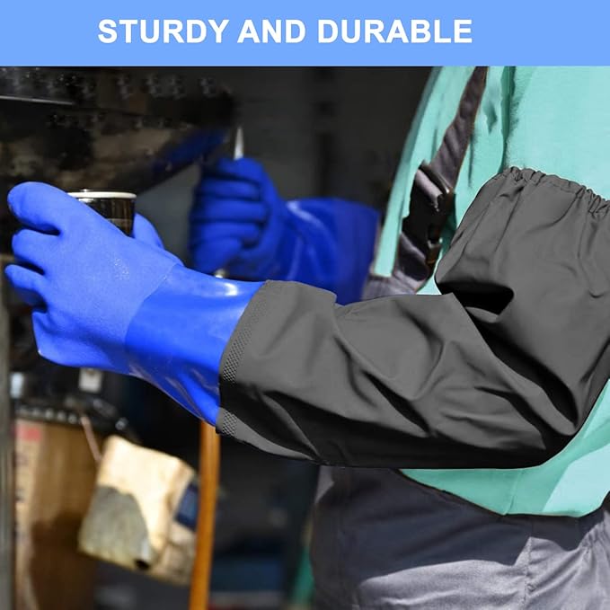 Haiou PVC Chemical Resistant, Long Rubber, Heavy Duty Waterproof Gloves for Chemical and Acid Work, 25 inches, Large-(Blue)