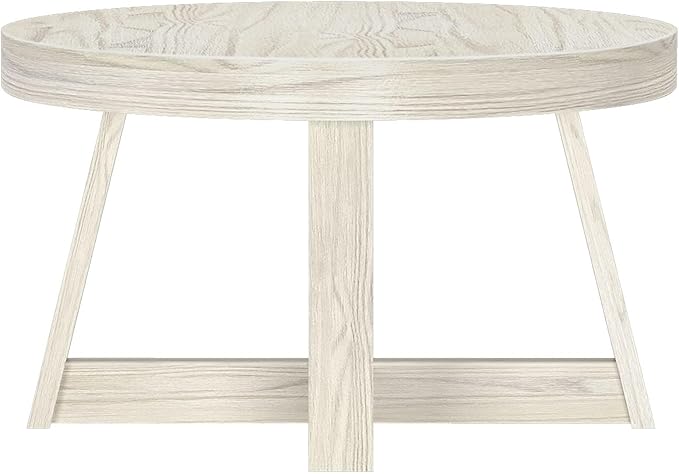 Plank+Beam Classic Round Coffee Table, 30 Inch Farmhouse Coffee Table, Mini Center Tables for Small Spaces, Small Living Space Tea Table, White Sand Wirebrush