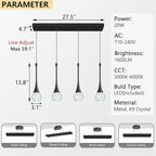 4-Lights Modern Pendant Lights for Kitchen Island LED Dimmable Crystal Glam Ceiling Pendant Lighting Chandelier for Dining Room Hallway Bedroom Black
