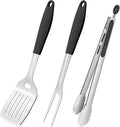 BBQ Grilling Accessories, 3Pcs Stainless Steel Grill Tools Accessories Set with Spatula, Fork and Tongs, Barbecue Utensils Grilling Tools for Outdoor Camping, Heat-Resistant Silicone Handle