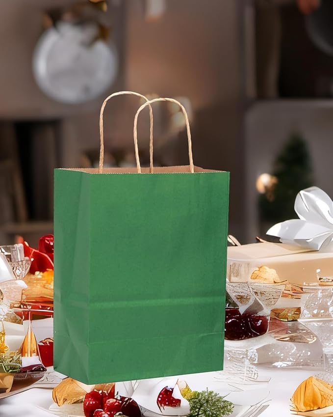 qiqee 50-Packs Kraft Deep Green Paper Gift Bags with Handles Bulk 11"x8.3"x4.3" Medium Size Paper Bags Multiple Uses