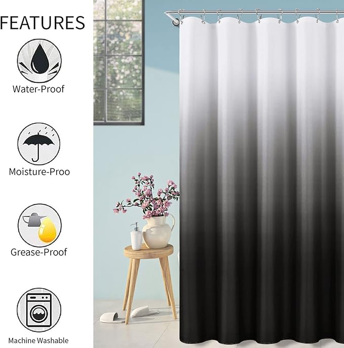 Black Shower Curtains for Bathroom, Ombre Textured Fabric Shower Curtain Set, Hotel Spa Luxury with 12 Hooks, Machine Washable, Decorative Bathroom Curtain Black 72 x 72