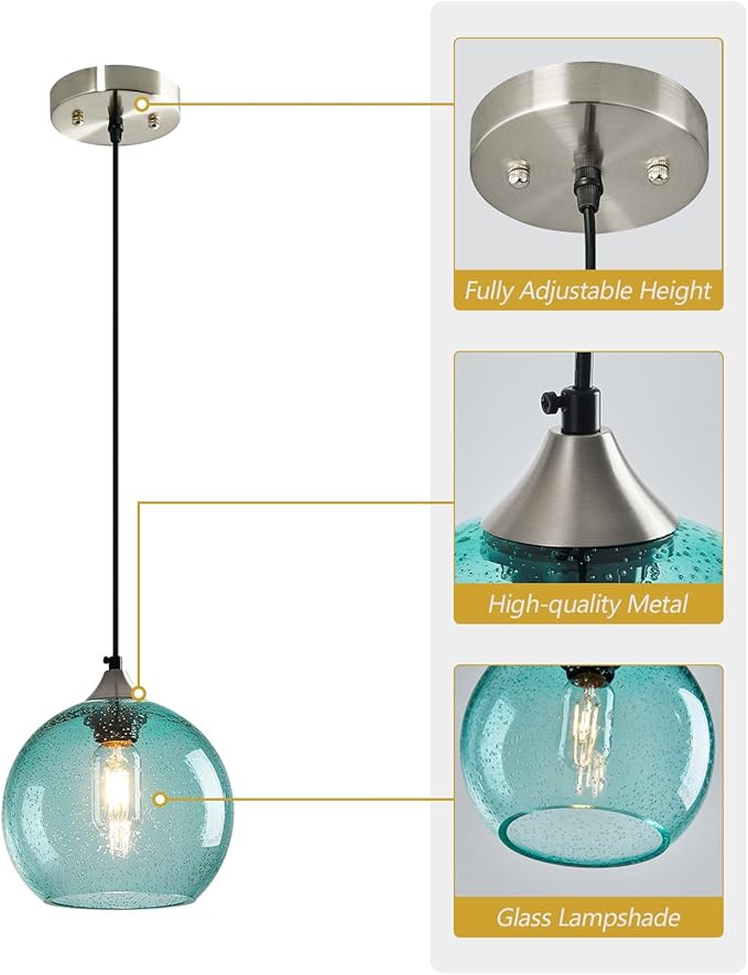 Light Blue Glass Pendant Lights Kitchen Island Lighting Globe Pendant Light Fixtures Modern Pendant Lighting for Bedroom Living Dining Room Light Fixture (7.87 in, 2 Pack)