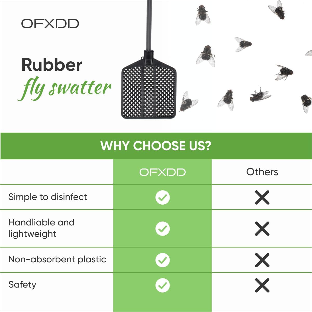 Rubber Fly Swatter, Long Fly Swatter Pack, Fly Swatter Heavy Duty, All Black Colors (3 Pack)