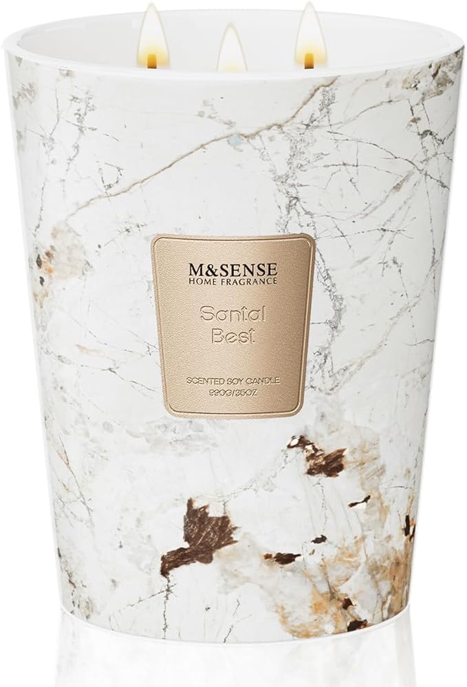 M&SENSE Santal Scented Candles for Home, 3-Wick Highly Scented Jar Candles, Extra Large Candle 35 Oz 150 Hours Long Lasting Burning, Relaxing Aromatherapy Candle for Stress Relief, Meditation