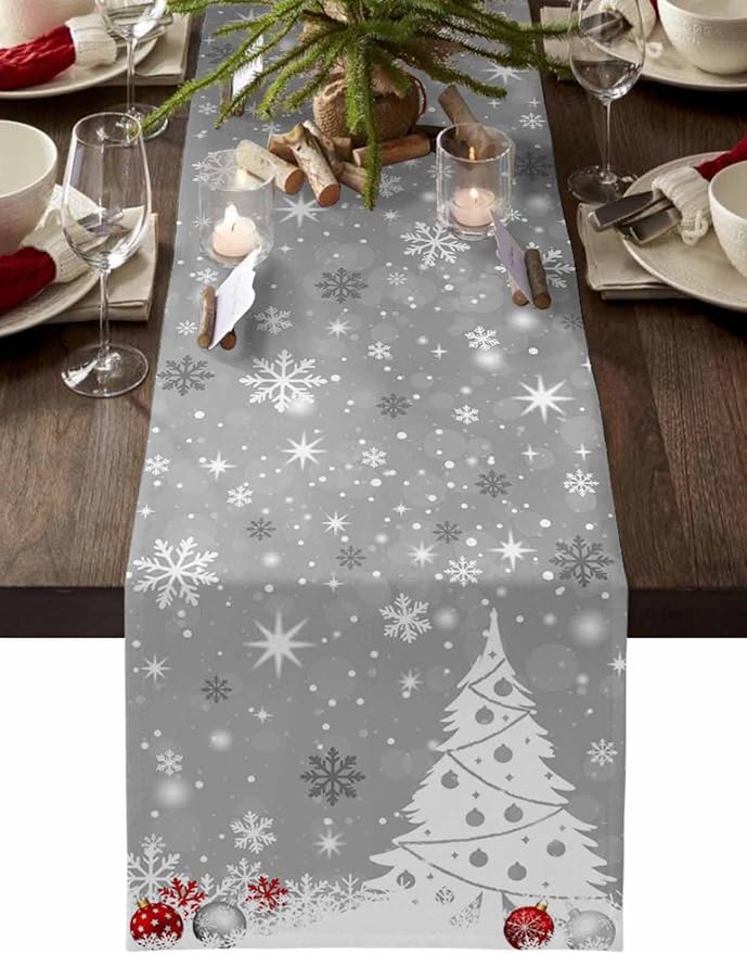 Christmas Snowflakes Cotton Linen Table Runner for Dining Kitchen, Xmas Tree Snow Winter Wedding Outdoor Party Tablerunners Decoration, Grey Balls Dresser Scarf Coffee Tablecloth Runners 13x60 Inches