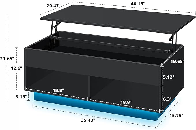 LED Coffee Table Black Lift Top Coffee Table with Storage Modern Tea Table with Hidden Compartment Lift Up Dining Center Table with LED Light for Living Room Home Office