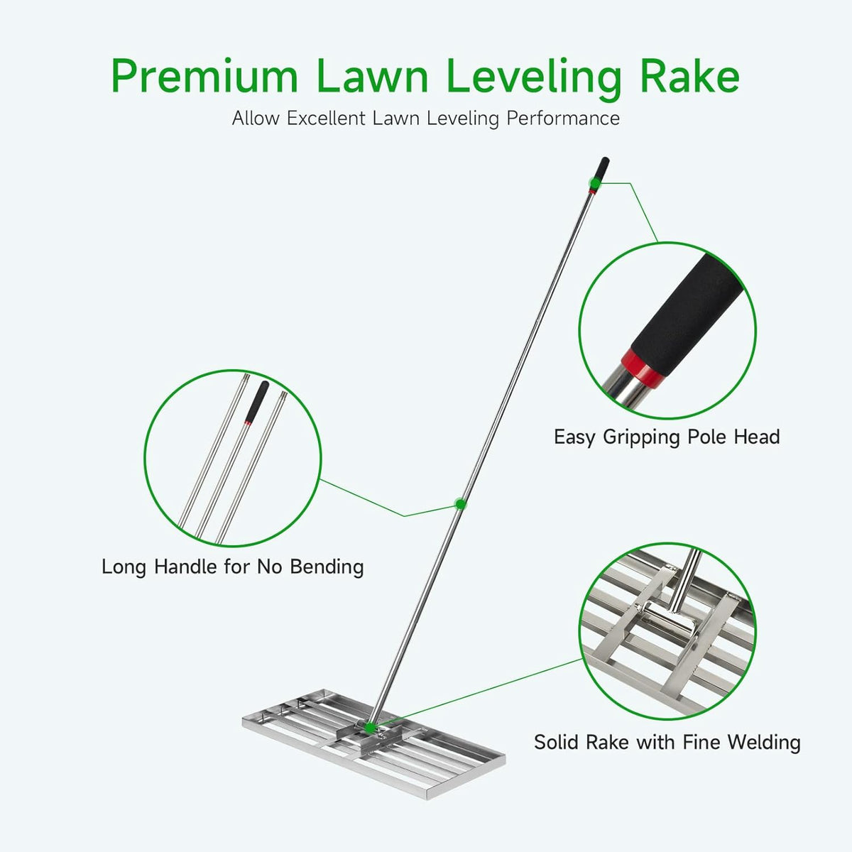 GreatBuddy Lawn Leveling Rake 30'' x 10", Heavy-Duty Stainless Steel Lawn Leveling Tool for Lawn, Soil, Sand, 78'' Extra Long Handle, Ideal for Yard, Garden