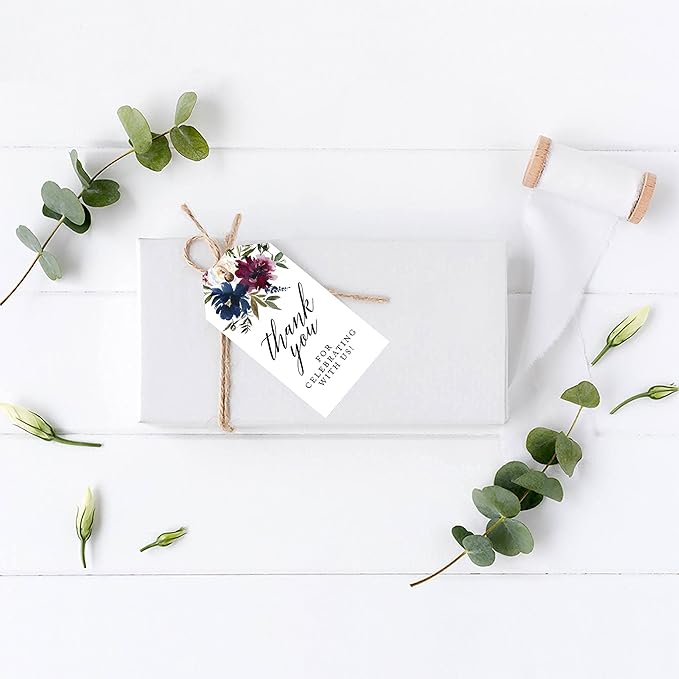 Andaz Press 100-Pack Thank You for Celebrating with Us Favor Tags Navy Blue Burgundy Florals Cardstock Gift Tags with Bakers Twine for Wedding Baby Shower Bridal Shower Party Favors 2 x 3.75-Inches