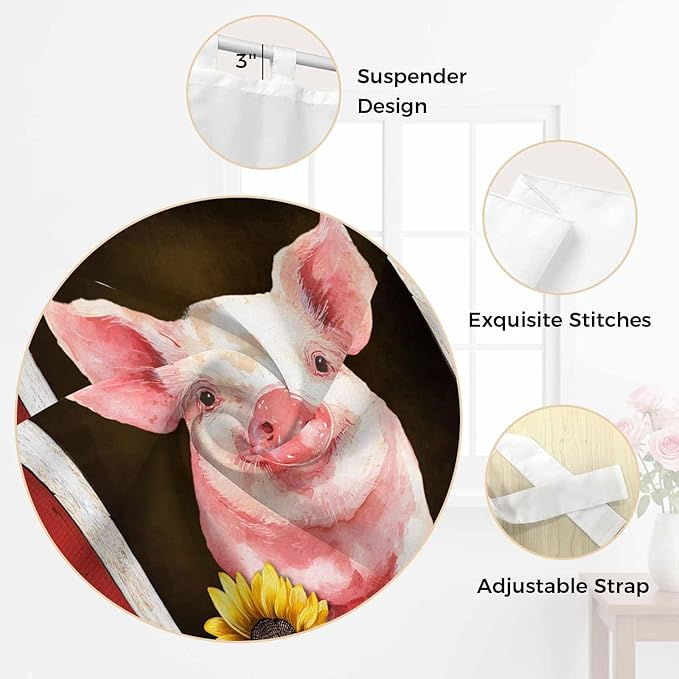 Pigs Sunflowers Living Room Curtains 84 Inch Length, Window Curtains Tab Top, Farmhouse Red Barn Flowers Animals Light Filtering Window Treatments Drapes 42"x84" 2 Panel