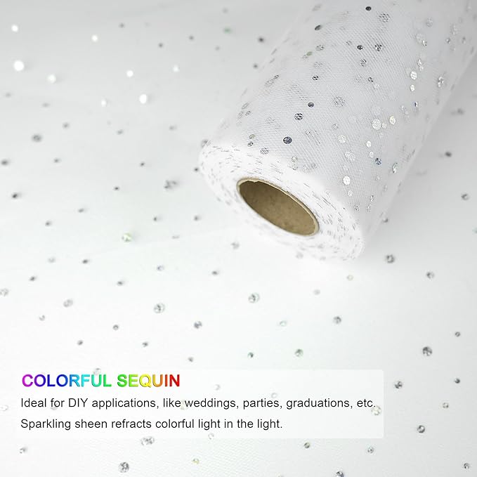 Glitter Tulle Rolls, 6” by 50 Yards (150FT) Sequin Tule Netting Fabric Tulle for Tutu Skirts Sewing Birthday Wedding Party Decoration (White)