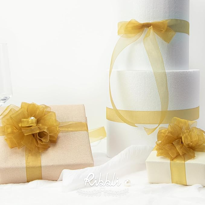 Ribbli Pale Gold Organza Ribbon,1/2 Inches x Continuous 50 Yard, Gold Sheer Ribbon for Gift Wrapping,Cookie Wrapping,Wedding Decoration,All Crafting and Sewing
