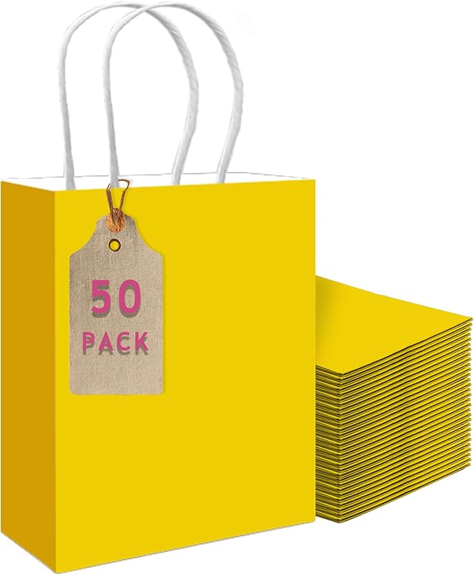 qiqee 50-Packs Bright Yellow Paper Gift Bags with Handles Bulk 11"x8.3"x4.3" Medium Size Paper Bags Multiple Uses