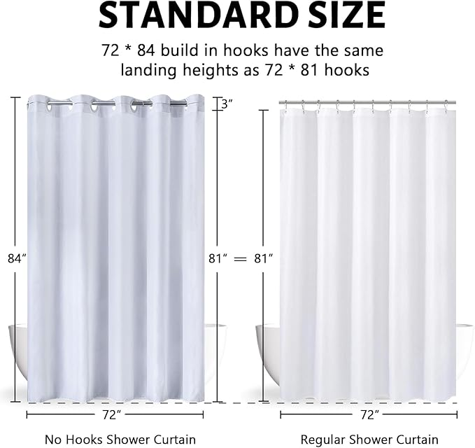 Furlinic No Hook Extra Long Shower Curtain 84 Length,Polyester Fabric Bathroom Curtains with 10 Plastic Split Grommets,Modern Hotel Style Waterproof White Shower Curtains,72x84.