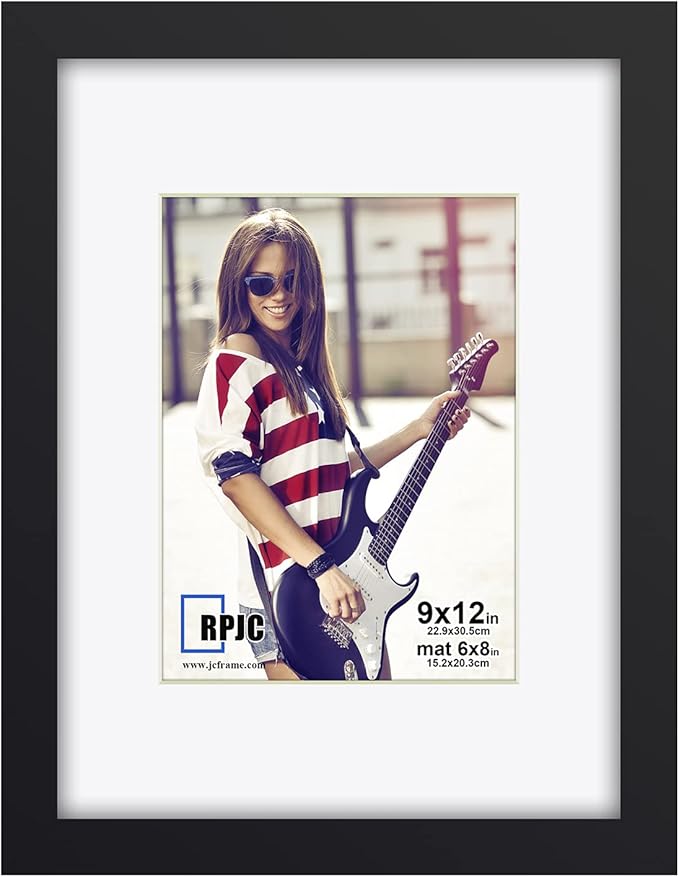 RPJC 9 x 12 Picture Frames Made of Solid Wood and High Definition Glass Display Pictures 6x8 with Mat or 9x12 Without Mat for Wall Mounting Photo Frame Black