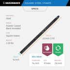 Sandbaggy Square Steel Concrete Form Stakes with Nail Holes - 5/8" Wide - Rust Resistant Coating - Removable, Reusable - Construction Grade Stakes (12 inch, 200)