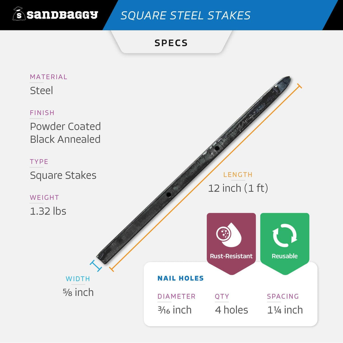 Sandbaggy Square Steel Concrete Form Stakes with Nail Holes - 5/8" Wide - Rust Resistant Coating - Removable, Reusable - Construction Grade Stakes (12 inch, 20)
