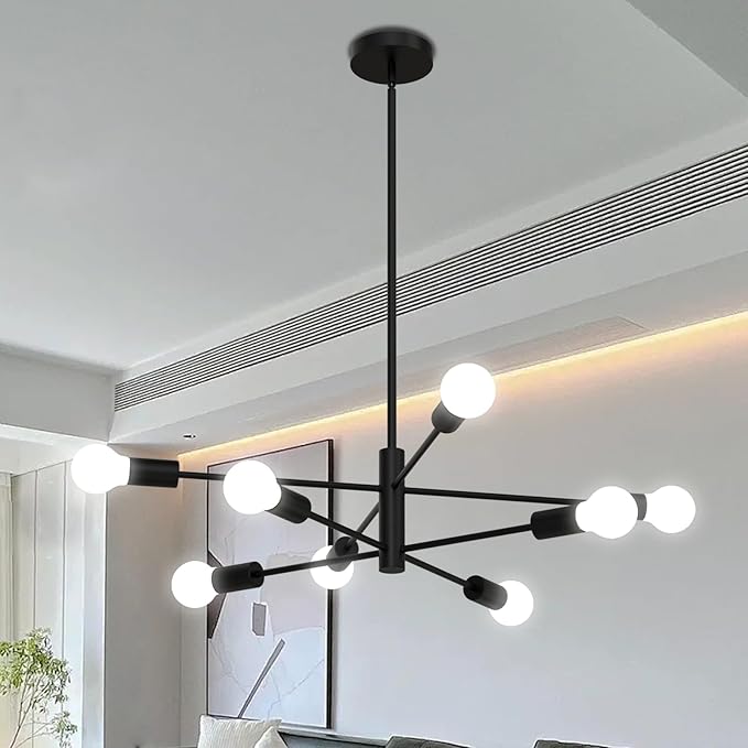 Modern Chandelier Ceiling Light Fixture, 53InchH Sputnik Chandeliers for Dining Room Hanging Light Fixtures Over Table Height Adjustable for Bedroom Kitchen Island Foyer 8-Light Black