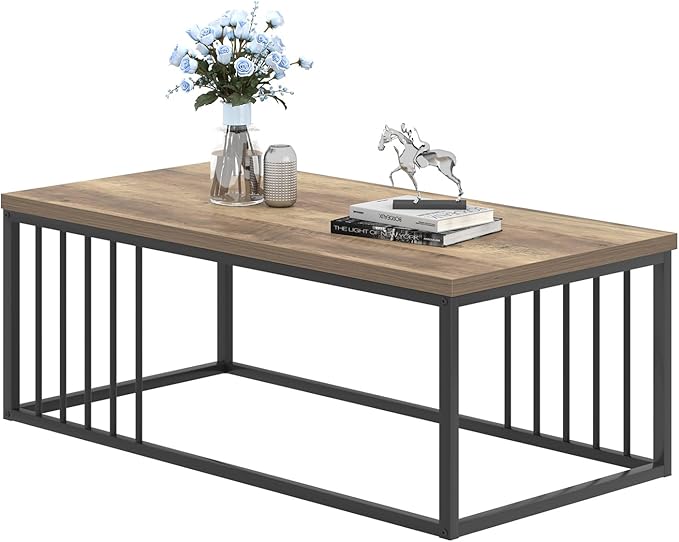 FOLUBAN Modern Coffee Table, Minimalist Wood and Metal Center Table for Living Room, Rustic Oak, 43.3 Inch